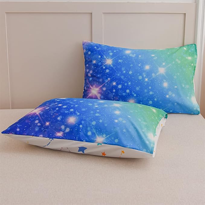 Holawakaka Kids Space Star Glitter Comforter Set Ombre Blue & Green Print Gradient Bedding Set Twin Size(Blue Green, Twin) - LeafyLoom