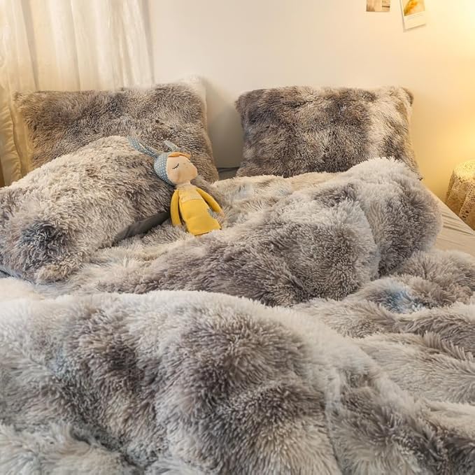 Faux Fur Kids Girls TD Black Comforter Sets Queen - 3PC Bed Set Warm Comfortable Soft Plush Flannel Velvet Fluffy Fuzzy Bedding（Comforter x 1 Pillowcases x 2） - LeafyLoom