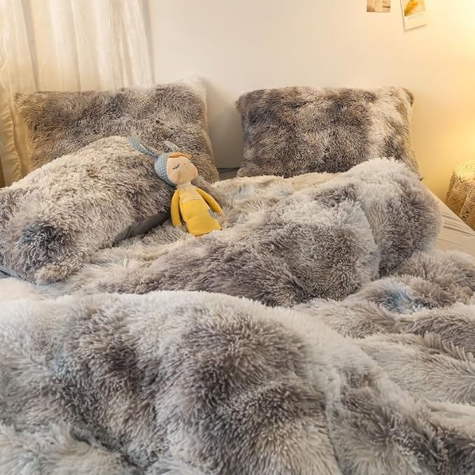 Faux Fur Kids Girls TD Black Comforter Sets King - 3PC Bed Set Warm Comfortable Soft Plush Flannel Velvet Fluffy Fuzzy Bedding（Comforter x 1 Pillowcases x 2） - LeafyLoom