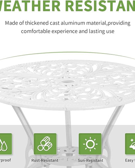 3 Piece Patio Set Outdoor Cast Aluminum Patio Bistro Table and Chairs Set of 2,All Weather Outdoor Bistro Sets with 1.97" Umbrella Hole for Front Porch Set,Garden(White) - LeafyLoom