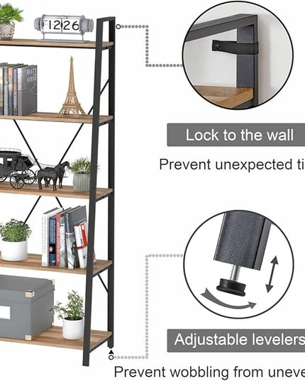 BON AUGURE Industrial 5 Tier Ladder Bookshelf, Wood and Metal Ladder Shelf Bookcase, Farmhouse Leaning Shelves for Living Room (Vintage Oak) - LeafyLoom