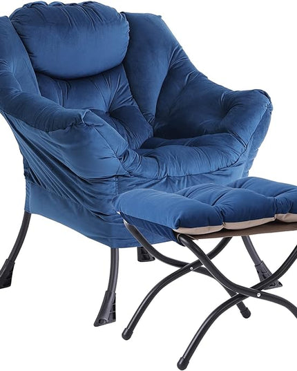 LITA Lazy Chair with Ottoman, Modern Accent Leisure Upholstered Sofa Chair, Contemporary Lounge Reading Chair with Armrests and a Side Pocket for Living Room, Bedroom & Small Space, Royal Blue - LeafyLoom