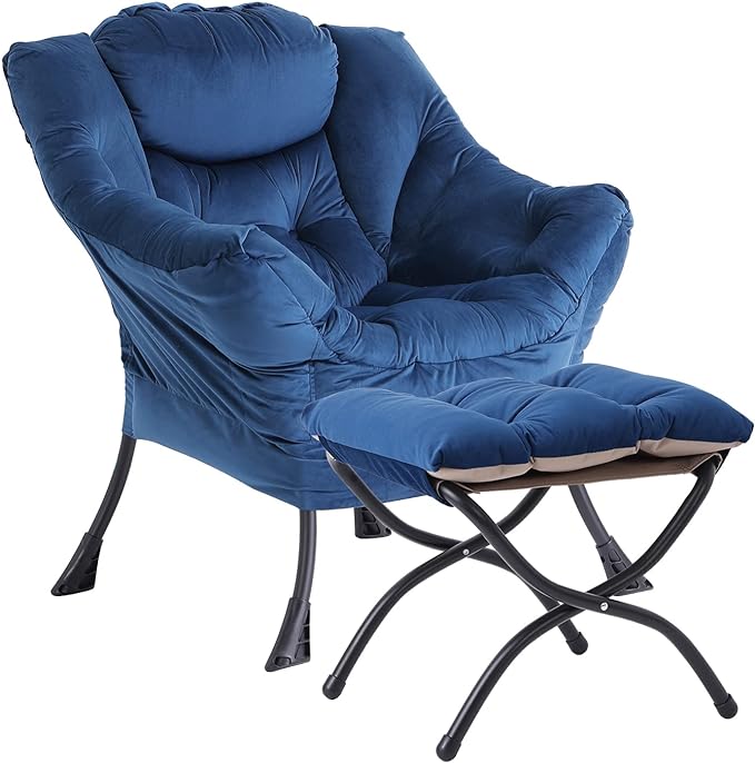 LITA Lazy Chair with Ottoman, Modern Accent Leisure Upholstered Sofa Chair, Contemporary Lounge Reading Chair with Armrests and a Side Pocket for Living Room, Bedroom & Small Space, Royal Blue - LeafyLoom
