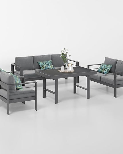 Solaste Aluminum Patio Furniture Set,5 Pieces Modern Outdoor Conversation Set Sectional Sofa with Upgrade Cushion and Dining Table, Grey - LeafyLoom