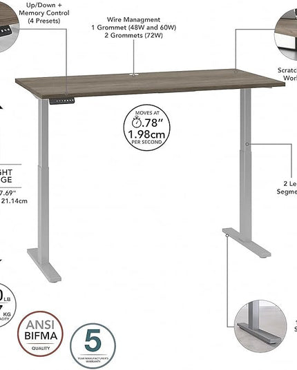 Bush Business Furniture M6S6030MHSK Move 60 27-Inch -48-Inch Adjustable Desk, Modern Hickory/Cool Gray Metallic - LeafyLoom