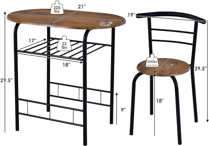 FANTASK 3 Piece Dining Table Set, Compact Table and 2 Chairs Set, w/Metal Frame and Storage Shelf, Breakfast Table Set for Apartment Kitchen Dining Room Cafe (Black & Brown) - LeafyLoom