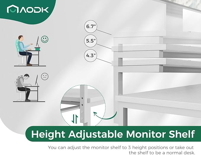 AODK Computer Desk, 48 Inch Gaming Desk with LED Lights and Power Outlet, Office Desk with Adjustable Monitor Shelf (3 Heights), Computer Table Work Desk for Home/Bedroom, White - LeafyLoom