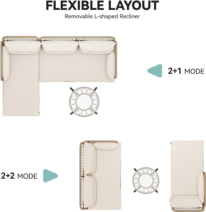 YITAHOME L-Shaped Patio Furniture Outdoor Loveseat Sectional Set for Backyard, Porch with Thick Cushions Detachable Lounger, Side Table (Light Brown+Beige) - LeafyLoom