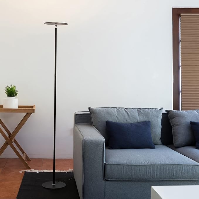 Brightech Sky LED Torchiere Super Bright Floor Lamp - Contemporary, High Lumen Light for Living Rooms & Offices - Dimmable, Indoor Pole Uplight for Bedroom Reading - Black - LeafyLoom