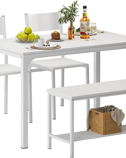 SDHYL Dining Table Set for 4, 43" Dining Room Table with Two Chairs and One Bench, 4 Pieces Set Table Top with Metal Legs in Living Room, Dining Room, Space Saving Kitchen Table Set, White - LeafyLoom