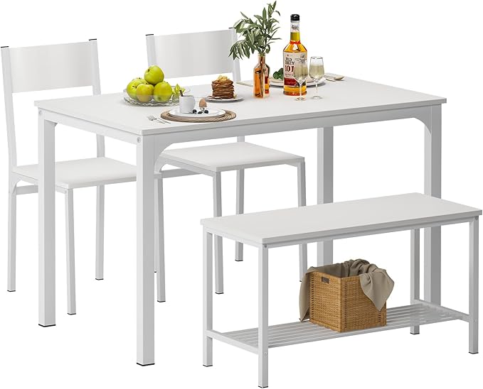 SDHYL Dining Table Set for 4, 43" Dining Room Table with Two Chairs and One Bench, 4 Pieces Set Table Top with Metal Legs in Living Room, Dining Room, Space Saving Kitchen Table Set, White - LeafyLoom