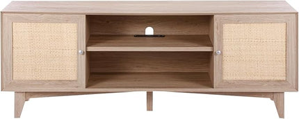VEVOR Rattan TV Stand, Mid Century Modern TV Stand for 75 inch TV, Boho Rattan TV Cabinet with Build-in Socket and USB Ports, Adjustable Shelfs for Living Room, Media Room, Oak - LeafyLoom