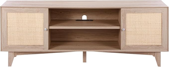 VEVOR Rattan TV Stand, Mid Century Modern TV Stand for 75 inch TV, Boho Rattan TV Cabinet with Build-in Socket and USB Ports, Adjustable Shelfs for Living Room, Media Room, Oak - LeafyLoom