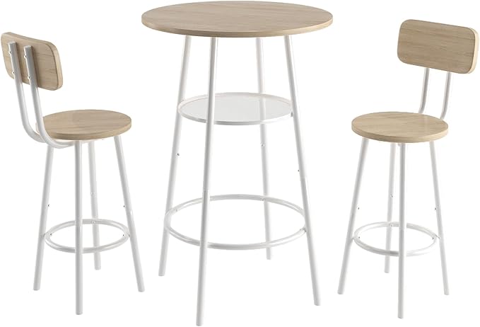 NicBex Small Dining Table for 2 Kitchen Table and Chairs Round Dining Table Set Bar Table, Equipped with 2 Bar Stools, with Backrest and Partition for Kitchen Breakfast, Party Room, White Oak - LeafyLoom