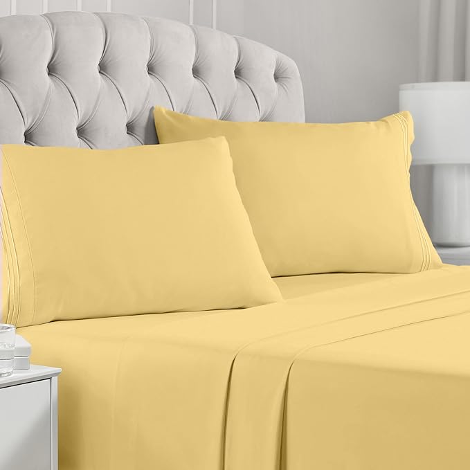 Mellanni Split King Sheets Set - 5 PC Iconic Collection Bedding Sheets & Pillowcases - Hotel Luxury, Extra Soft, Cooling Bed Sheets - Deep Pocket up to 16 inch (Split King, Yellow) - LeafyLoom