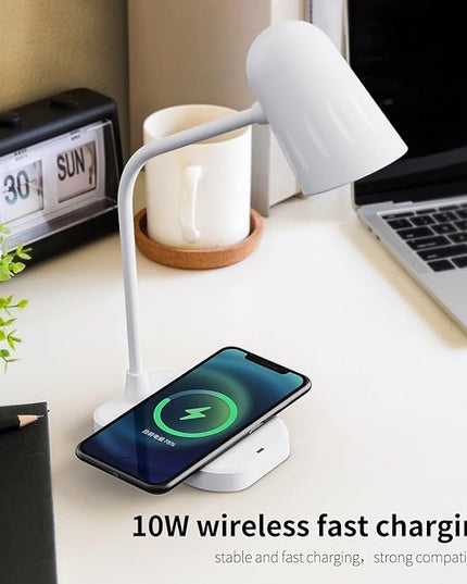 M2 Modern Desk Lamp with 10W Wireless Charging, Bluetooth Speaker, Adjustable Multi-Angle Illumination, 3 Light Color Modes, Dimmable Brightness - Perfect for Office Desk or Bedroom Nightstand(White) - LeafyLoom