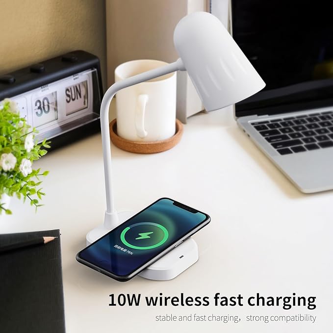M2 Modern Desk Lamp with 10W Wireless Charging, Bluetooth Speaker, Adjustable Multi-Angle Illumination, 3 Light Color Modes, Dimmable Brightness - Perfect for Office Desk or Bedroom Nightstand(White) - LeafyLoom