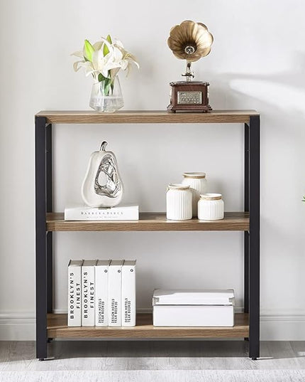 FOLUBAN 3 Tier Bookshelf, Industrial Bookcase and Book Shelves for Bedroom, Rustic Wood and Metal Book Case for Office, Oak - LeafyLoom