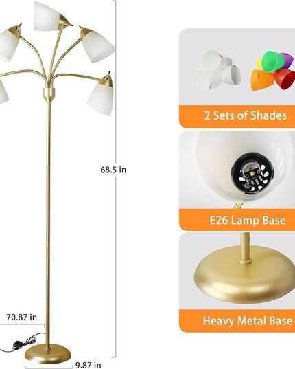DINGLILIGHTING Floor Lamp Modern for Living: Flexible Gooseneck Floor Lamps Standing for Bedroom Home Office - Tall Floor Lights Gold 5-light - LeafyLoom