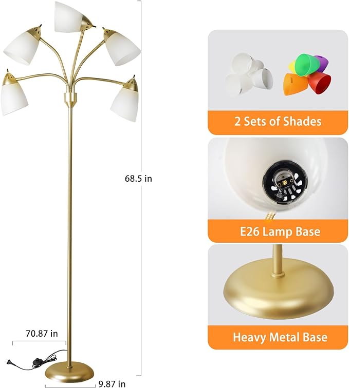 DINGLILIGHTING Floor Lamp Modern for Living: Flexible Gooseneck Floor Lamps Standing for Bedroom Home Office - Tall Floor Lights Gold 5-light - LeafyLoom