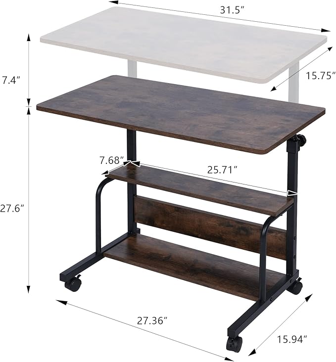Portable Desk Small Desks for Small Spaces Laptop Table Rustic Rolling Adjustable Desk on Wheels Mobile Couch Desk for Bedroom Home Office Computer Standing Desk Student Desk with Storage 32x16 Inch - LeafyLoom