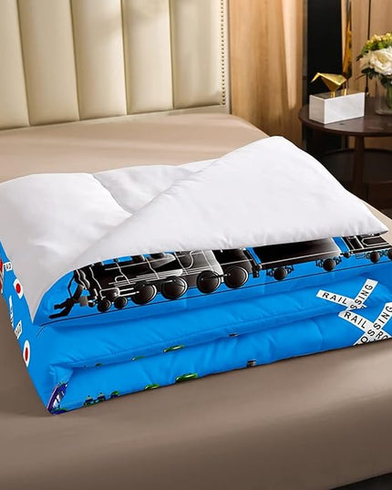 Feelyou Boys Train Twin Size Comforter Set Cartoon Car Toddler Bedding Set for Kids Teens Vintage Car Track Comforter Red Blue Black Decor Quilt Set Room 2Pcs - LeafyLoom