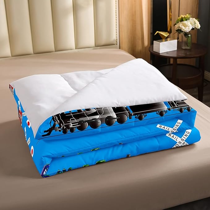 Feelyou Boys Train Twin Size Comforter Set Cartoon Car Toddler Bedding Set for Kids Teens Vintage Car Track Comforter Red Blue Black Decor Quilt Set Room 2Pcs - LeafyLoom