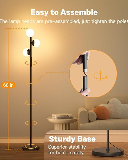 LED Floor Lamp for Living Room, 3 Globe Bright Standing Lamp with Remote, 4 Color Temterapure Dimmable Bedroom Lamp Modern Floor Lamp Tall Lamp for Bedroom/Office, 24W, 2700-6500K, Black - LeafyLoom