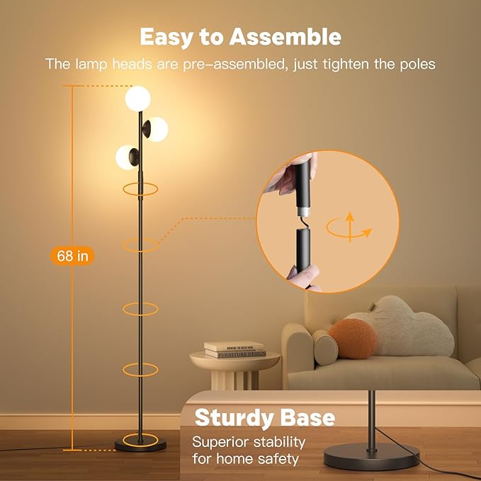LED Floor Lamp for Living Room, 3 Globe Bright Standing Lamp with Remote, 4 Color Temterapure Dimmable Bedroom Lamp Modern Floor Lamp Tall Lamp for Bedroom/Office, 24W, 2700-6500K, Black - LeafyLoom