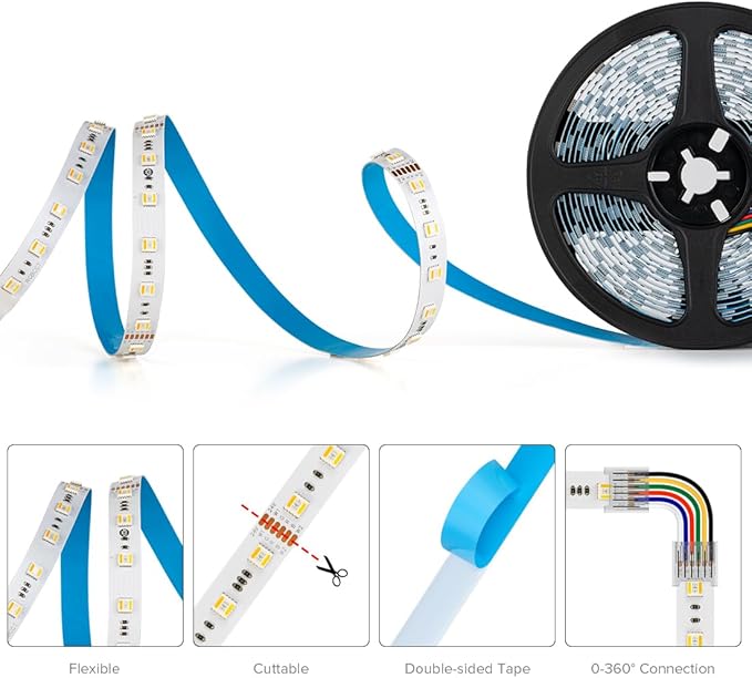 BTF-LIGHTING RGBCCT 5 Colors in 1 LED 5050SMD RGBWW RGB+Dimmable Tunable Color Temperature 2700K-6500K 16.4ft 60LEDs/m 300LEDs DC12V Multi-Colored Tape Lights IP30 White PCB(No Adapter or Controller) BTF-LIGHTING