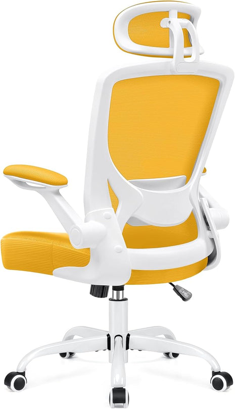 KERDOM Ergonomic Office Chair, Breathable Mesh Desk Chair, Lumbar Support Computer Chair with Headrest and Flip-up Arms, Swivel Task Chair, Adjustable Height Gaming Chair, Yellow - LeafyLoom