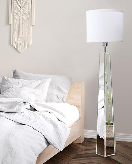 Silver Mirror Floor Lamp, Standing Decorative Lamp with Hexagon Shaped Glass Base, White Round Linen Shade, 49" Height for Living Room Bedroom, Modern Art Decor (9W LED Bulb Included) - LeafyLoom