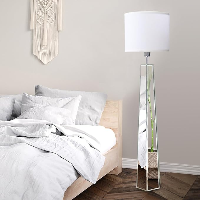 Silver Mirror Floor Lamp, Standing Decorative Lamp with Hexagon Shaped Glass Base, White Round Linen Shade, 49" Height for Living Room Bedroom, Modern Art Decor (9W LED Bulb Included) - LeafyLoom