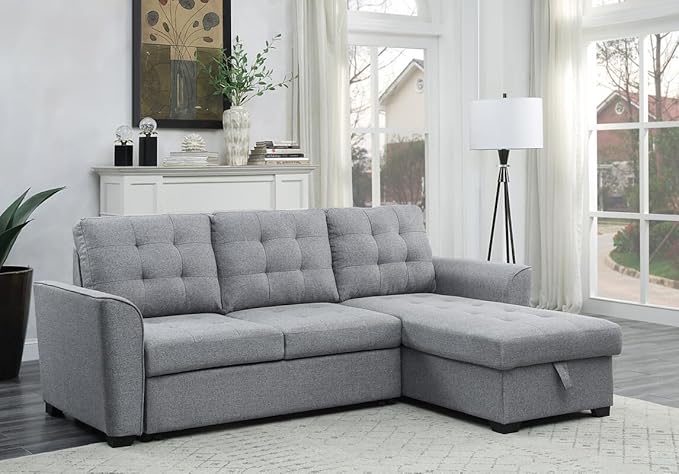 Reversible Sectional Sofa, L-shaped Corner Couch with Storage Chaise Lounge Ottoman, Pull Out Sleeper Bed for Compact Spaces, Bedroom, Apartment, 61.75 Inch, Light Gray - LeafyLoom
