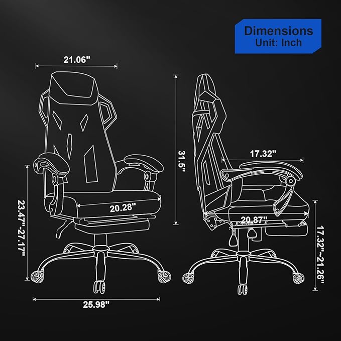 GTRACING Gaming Chair, Computer Chair with Mesh Back, Ergonomic Gaming Chair with Footrest, Reclining Gamer Chair with Adjustable Headrest and Lumbar Support for Gaming and Office (White) - LeafyLoom
