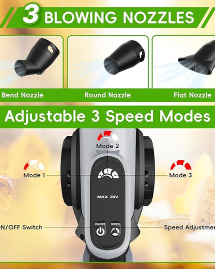 Leaf Blower Cordless - Electric Cordless Leaf Blower with 2 Batteries and Charger, 3 Speed Modes & 3 Blowing Nozzles, 20V Battery Powered Mini Leaf Blowers for Lawn Care, Patio, Indoor - LeafyLoom