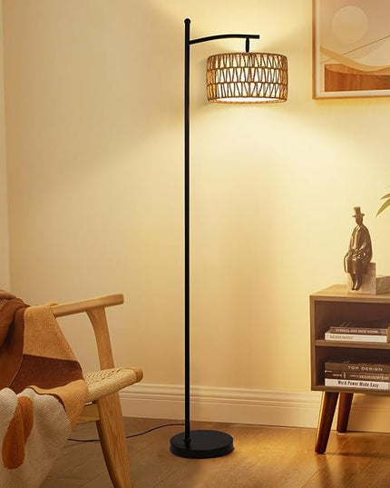 Rattan Floor Lamps for Living Room, Boho Standing Lamp with Remote Control, Arc Floor Lamp Dimmable with Rattan& Linen Double Shades, Wicker Floor Lamp for Bedroom, Office - LeafyLoom