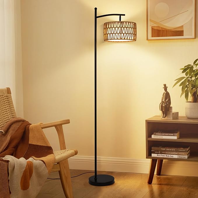 Rattan Floor Lamps for Living Room, Boho Standing Lamp with Remote Control, Arc Floor Lamp Dimmable with Rattan& Linen Double Shades, Wicker Floor Lamp for Bedroom, Office - LeafyLoom