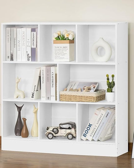 YAHARBO White 3 Tier Bookshelf,Wide Modern Horizontal Bookcase,Wood Low Book Shelf,Wide Display Storage Cabinet with Base,Floor Standing 8 Cube Large Bookcases Organizer for Bedroom,Living Room,Office - LeafyLoom