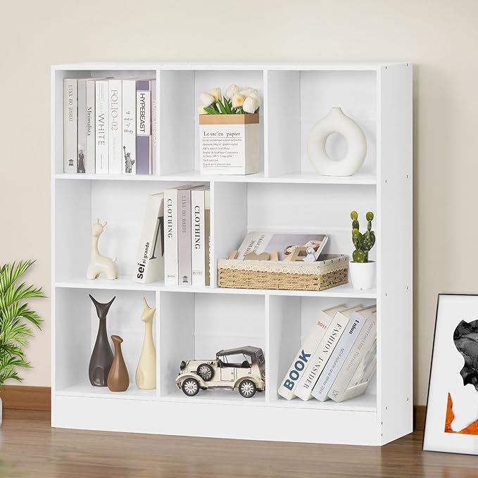 YAHARBO White 3 Tier Bookshelf,Wide Modern Horizontal Bookcase,Wood Low Book Shelf,Wide Display Storage Cabinet with Base,Floor Standing 8 Cube Large Bookcases Organizer for Bedroom,Living Room,Office - LeafyLoom