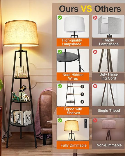 OUTON Tripod Floor Lamp with Shelves, Modern Shelf Floor Lamp with Remote, 4 Color Temperature, Dimmable Tall Standing Corner Lamp with Beige Linen Texture Shade for Living Room, Bedroom, Office - LeafyLoom