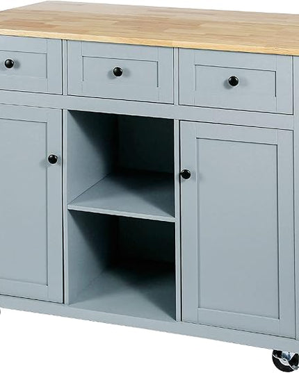 53" W Kitchen Island Table with Rubber Wood Drop-Leaf Countertop & Cabinet, Rolling Kitchen-Cart on 5 Wheels w/Internal Storage and 3 Drawers, Spice Holder, for Dining Room - LeafyLoom