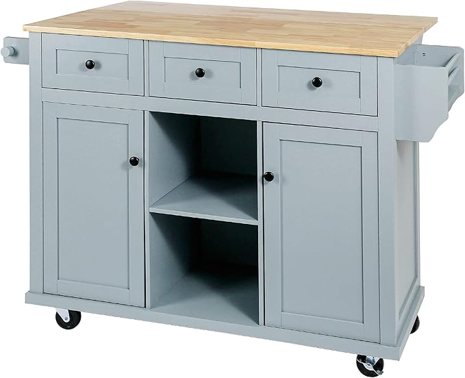 53" W Kitchen Island Table with Rubber Wood Drop-Leaf Countertop & Cabinet, Rolling Kitchen-Cart on 5 Wheels w/Internal Storage and 3 Drawers, Spice Holder, for Dining Room - LeafyLoom