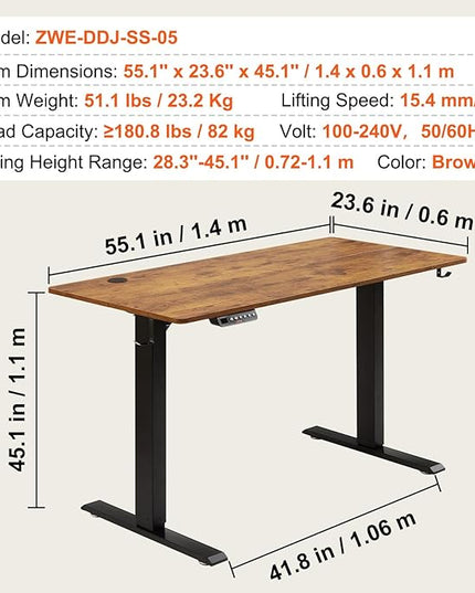 VEVOR Height Adjustable Desk, 55.1 x 23.6 in, 3-Key Modes Electric Standing Desk,Whole Piece Desk Board, Sturdy Dual Metal Frame, Max. Bearing 180 LBS Computer Sit Stand up Desk, for Home and Office - LeafyLoom