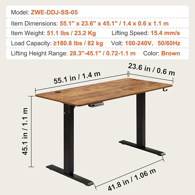 VEVOR Height Adjustable Desk, 55.1 x 23.6 in, 3-Key Modes Electric Standing Desk,Whole Piece Desk Board, Sturdy Dual Metal Frame, Max. Bearing 180 LBS Computer Sit Stand up Desk, for Home and Office - LeafyLoom