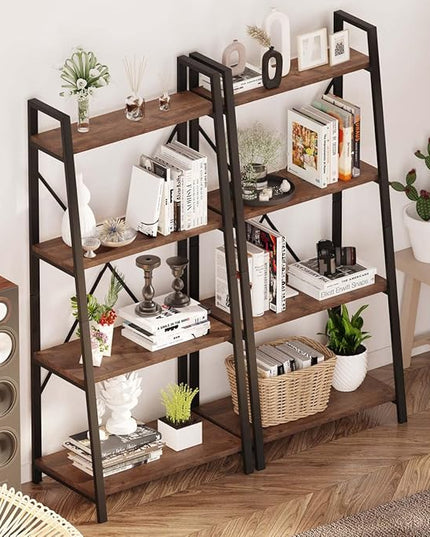 BON AUGURE Industrial Ladder Shelf Bookcase, 4 Tier Rustic Ladder Bookshelf, Standing Leaning Book Shelves for Living Room (Rustic Oak) - LeafyLoom