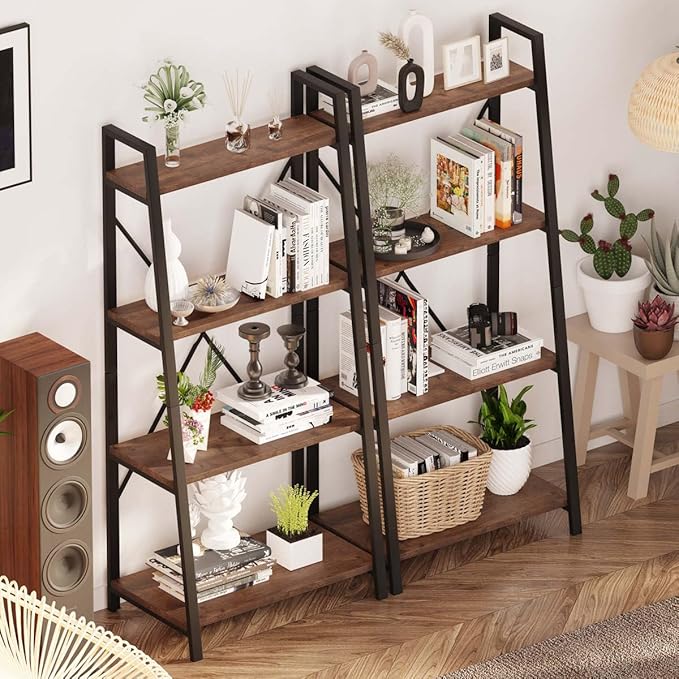 BON AUGURE Industrial Ladder Shelf Bookcase, 4 Tier Rustic Ladder Bookshelf, Standing Leaning Book Shelves for Living Room (Rustic Oak) - LeafyLoom