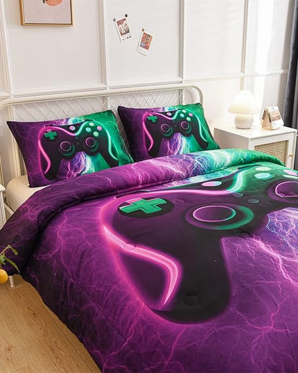 Meeting Story Gamer Comforter Sets for Boys Queen Size Tie Dye Lightnings Gamepad Bedding Set Games Console Action Buttons Novelty Colorful Modern Room Decor Home Quilt Set (Queen, Green-Purple) - LeafyLoom