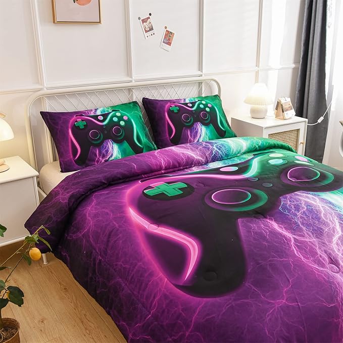 Meeting Story Gamer Comforter Sets for Boys Queen Size Tie Dye Lightnings Gamepad Bedding Set Games Console Action Buttons Novelty Colorful Modern Room Decor Home Quilt Set (Queen, Green-Purple) - LeafyLoom