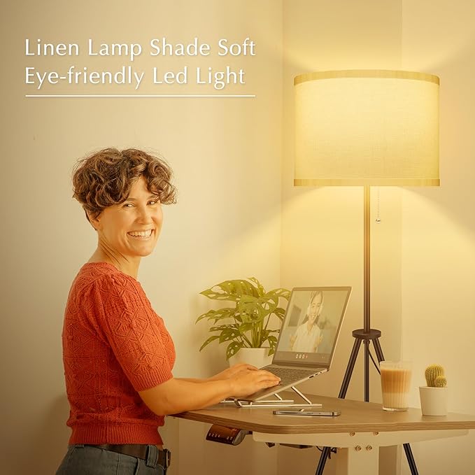 BoostArea Floor Lamp for Living Room, 59.5" Tripod Floor Lamp, White Linen Lamp Shade, Mid Century Standing Lamp for Living Room, Bedroom, Study Room and Office（Bulbs Not Included） - LeafyLoom